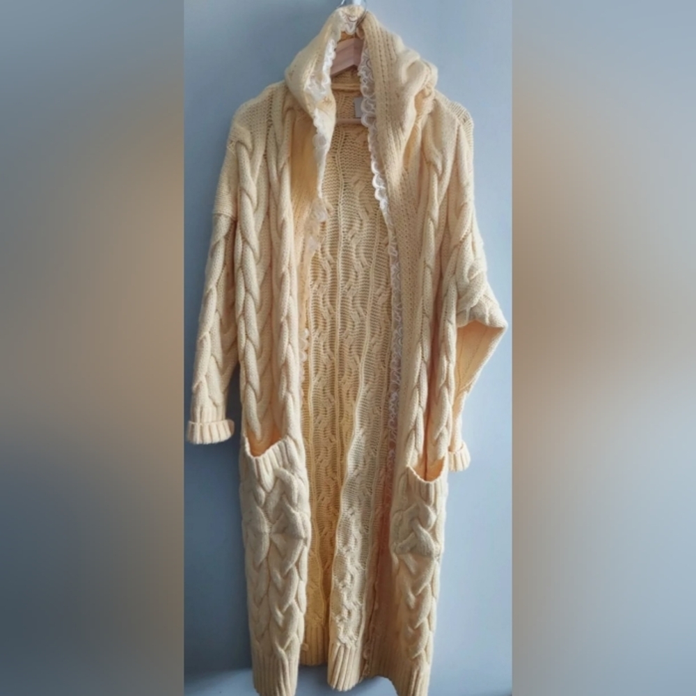 By O La La Yellow Cable Knit Hooded Long Sweater Jacket Cardigan Mohair Blend OS
